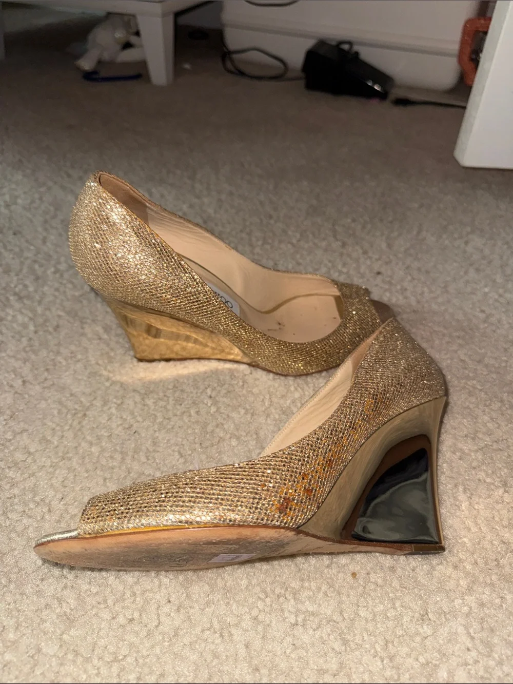 Jimmy Choo Gold Metallic Peep-Toe Wedge Heels